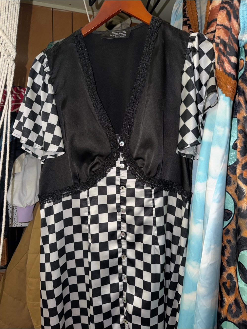 Dressed in LALA Black and White Checkerboard Satin Nightdress with Lace Trim